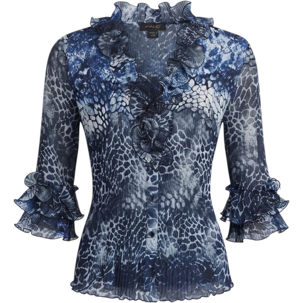 PIANO Womens S Blue Black Animal Print Pleated Ruffle Neck 3/4 Sleeve Top Sheer